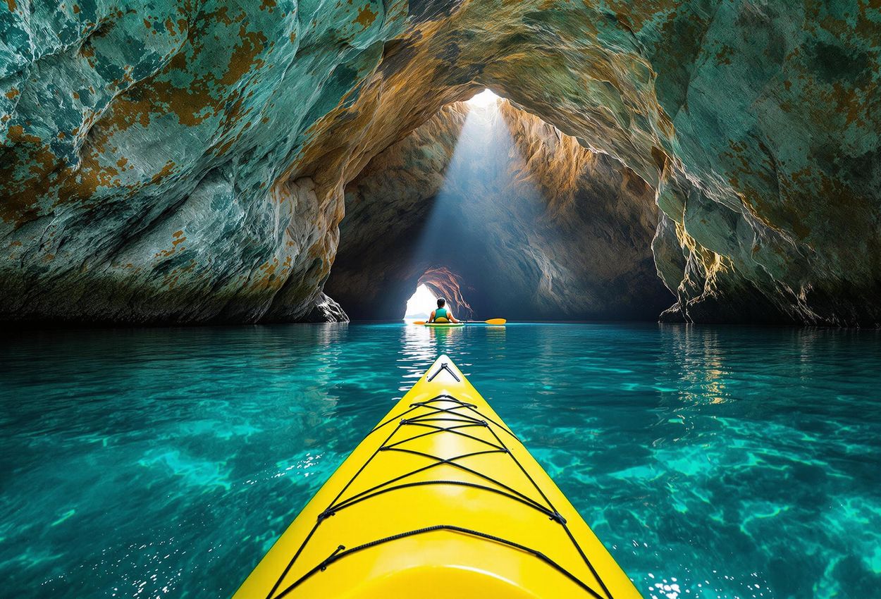 A breathtaking photograph of a kayaker exploring the vibrant Painted Cave on Santa Cruz Island, Channel Islands National Park. The image captures the serene beauty and unique geological formations of this natural wonder.