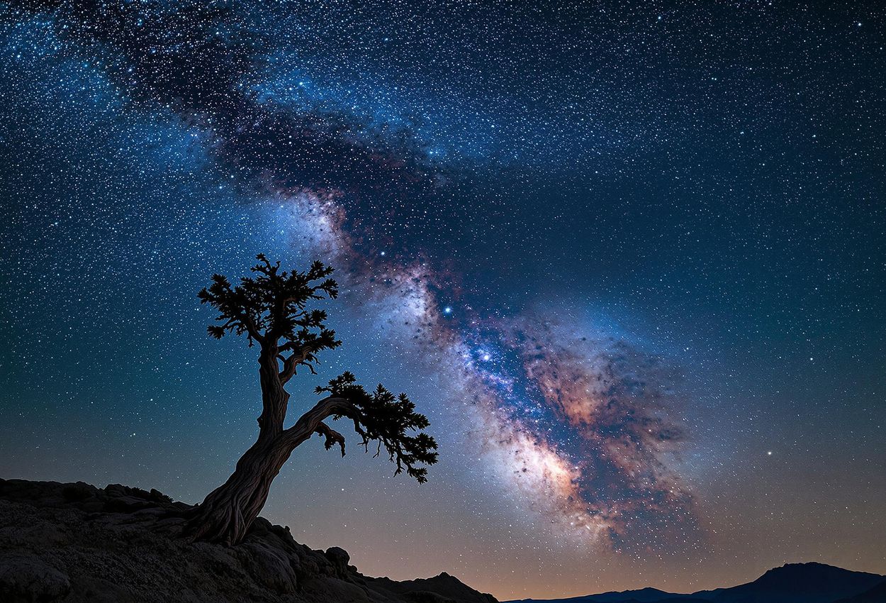 A stunning photograph of the Milky Way stretching across the night sky above a silhouetted bristlecone pine in Great Basin National Park, Nevada.