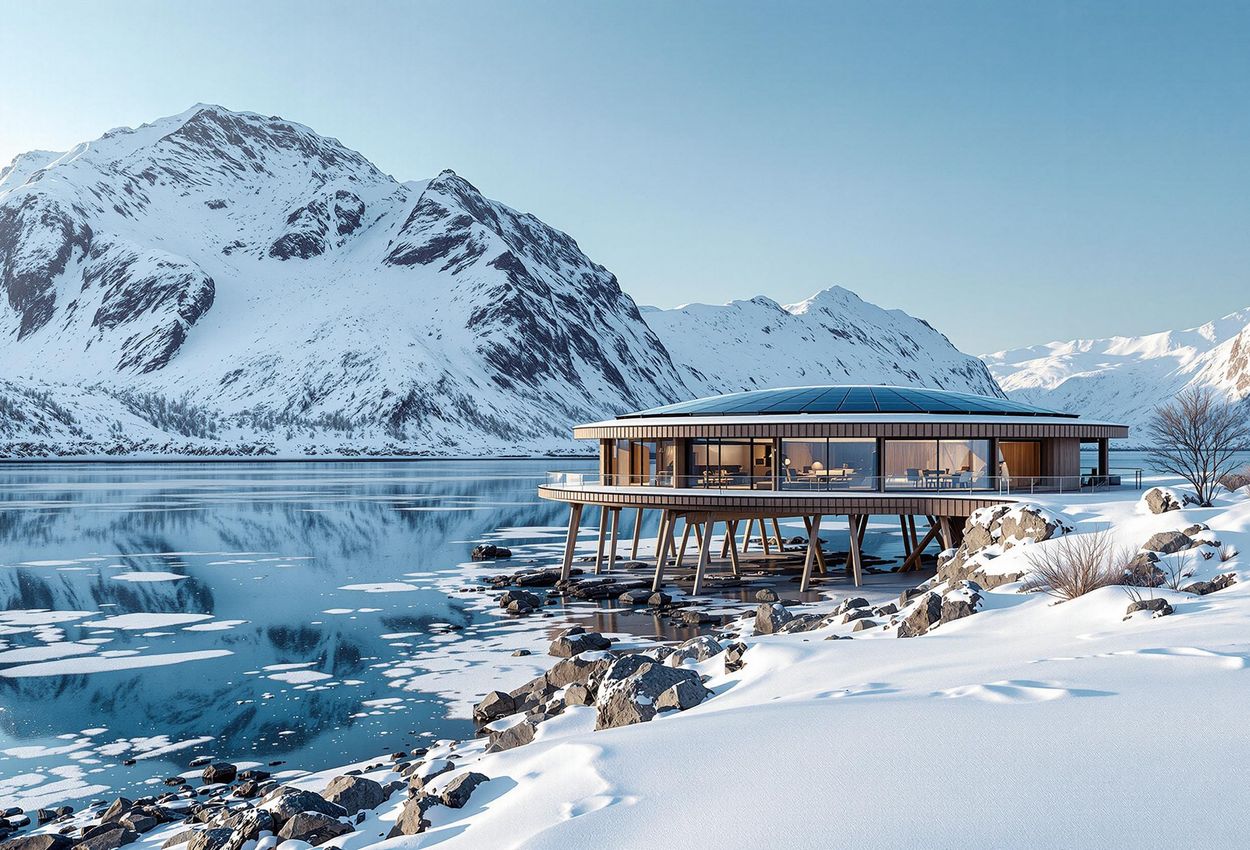 A stunning photograph of the Svart Hotel in Norway, showcasing its innovative architecture and integration with the breathtaking Arctic landscape. The image captures the hotel