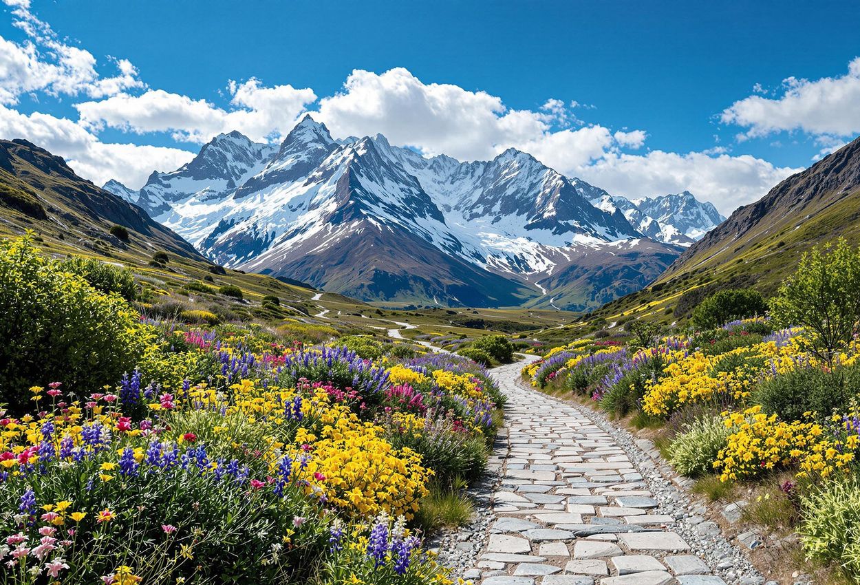 A scenic landscape photograph capturing a winding path lined with wildflowers leading towards a majestic, snow-covered mountain peak in Patagonia, Argentina. The image showcases the region