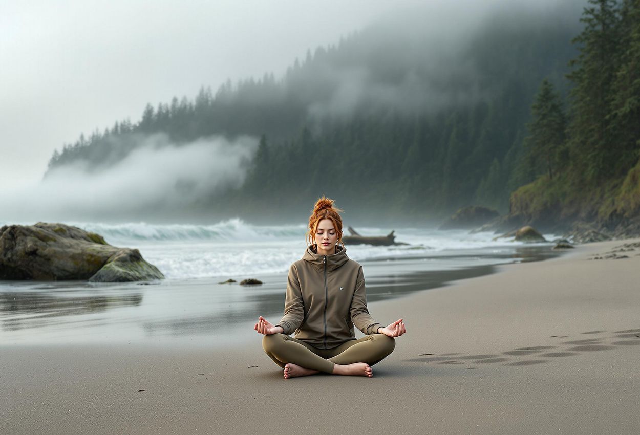 A serene photograph of a woman meditating on a secluded beach in Olympic National Park during a misty sunrise. The image captures the tranquility of the natural world and the peace of inner reflection.
