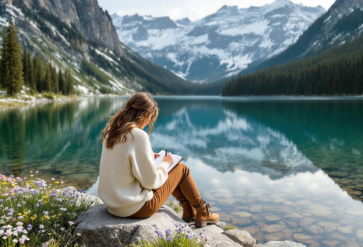 A scenic photograph of Emerald Lake in Rocky Mountain National Park, featuring a person journaling by the calm, clear lake with mountains reflecting in the background. Lush forest and wildflowers frame the tranquil scene.