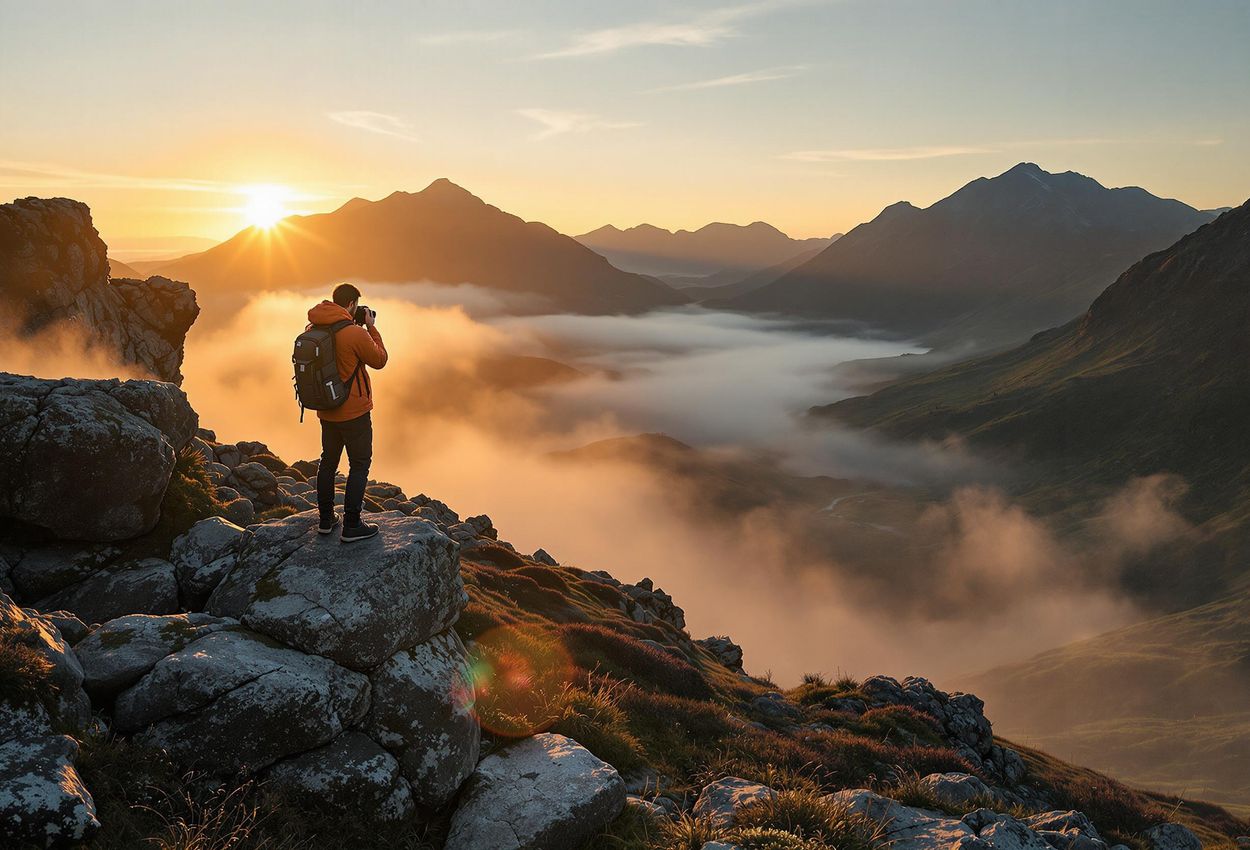 A photographer stands on a rocky outcrop, silhouetted against a warm sunrise over a misty valley in the Scottish Highlands. The image captures the vastness and beauty of the landscape.