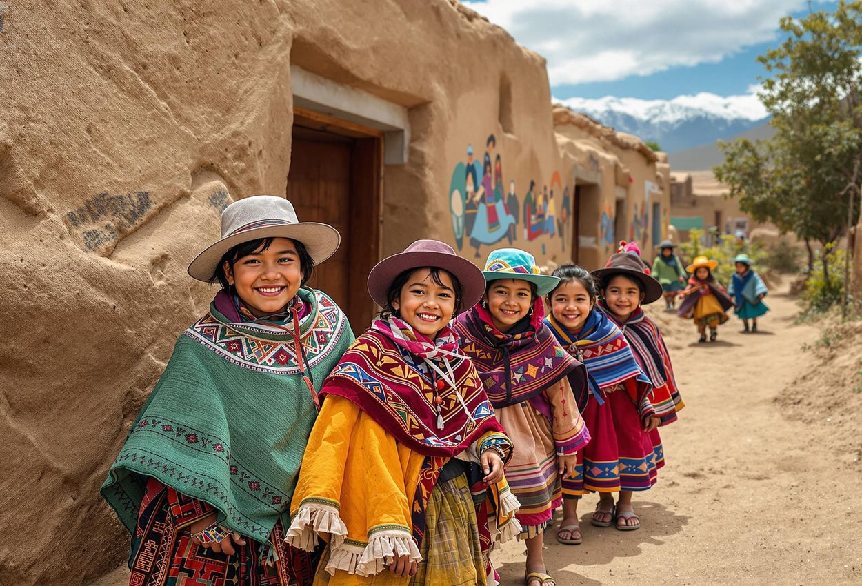 A candid photograph of a group of children in a Peruvian village, dressed in traditional clothing and smiling at the camera. The image captures the warmth, innocence, and cultural richness of life in the Andes.
