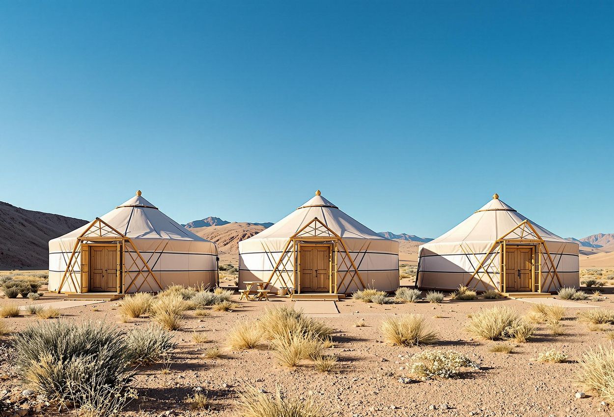 Exterior view of Three Camel Lodge in the Gobi Desert, Mongolia. The traditional gers blend seamlessly into the landscape, showcasing sustainable design and cultural preservation.