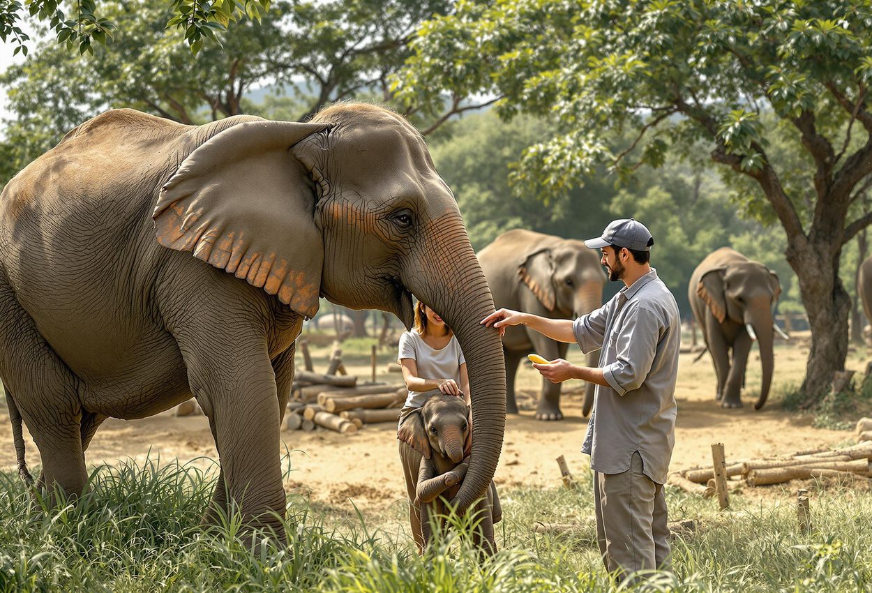 A heartwarming photograph captures a day at an elephant sanctuary, showcasing the gentle interaction between rescued elephants and their dedicated caretakers in a spacious, natural enclosure.