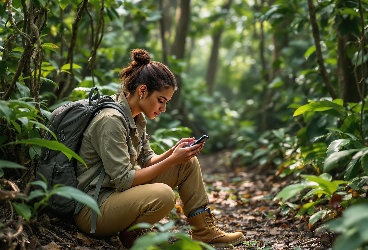 A candid photograph of a researcher using a satellite phone in the Amazon rainforest, highlighting scientific research and conservation efforts.