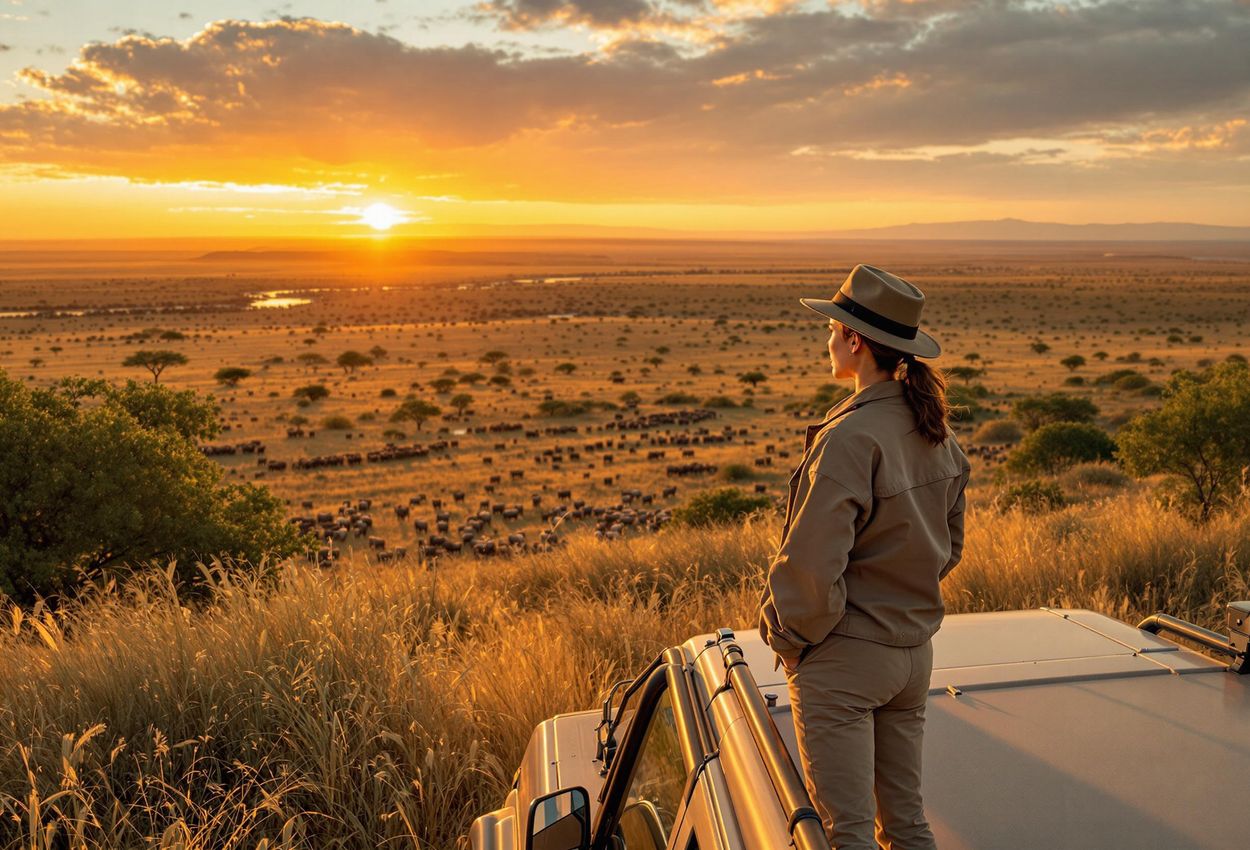 A stunning photograph captures a solo female traveler on a luxury safari in Tanzania