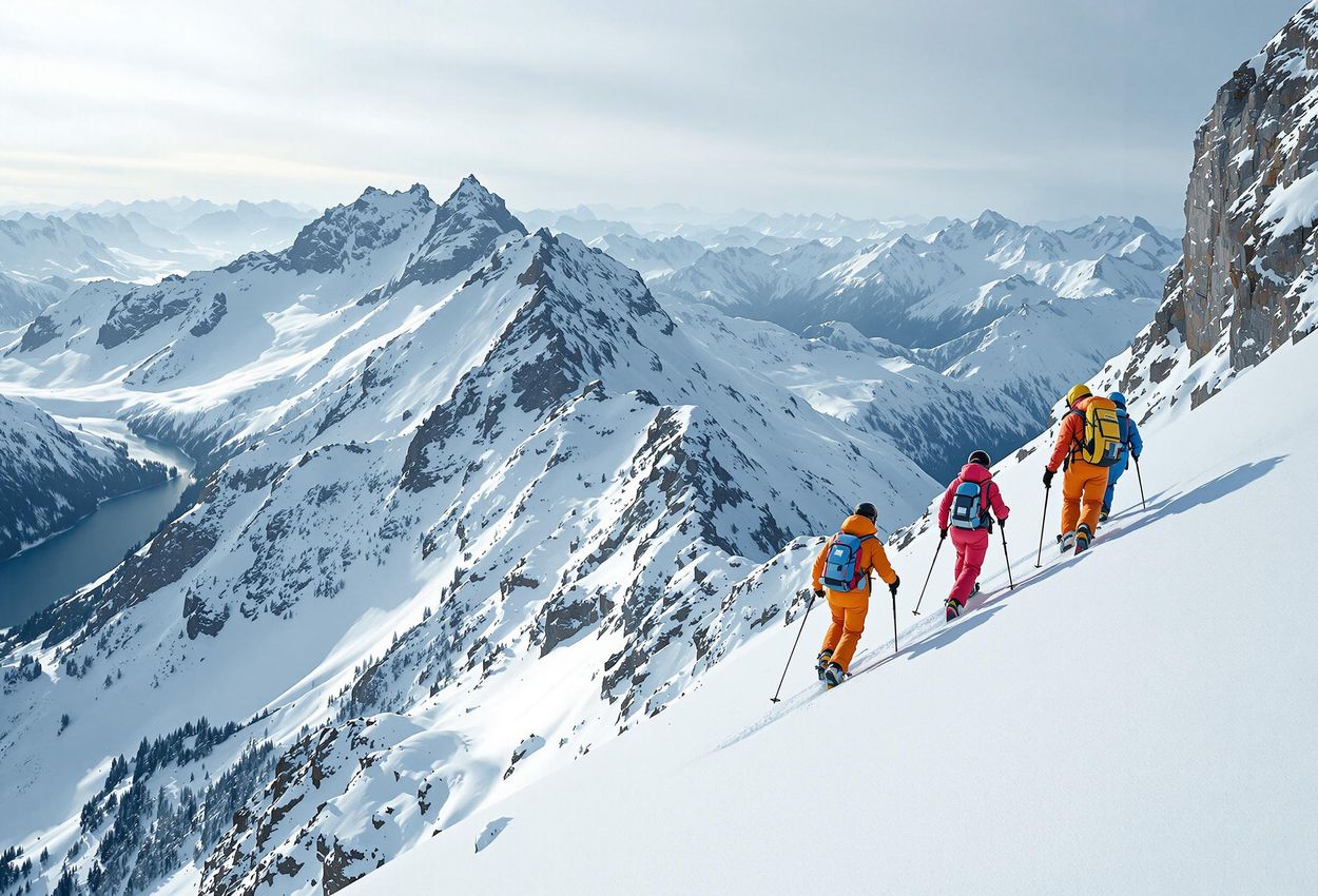 A group of backcountry skiers ascends a snow-covered slope in the Swiss Alps, using AI-powered technology for real-time weather and avalanche risk assessment.