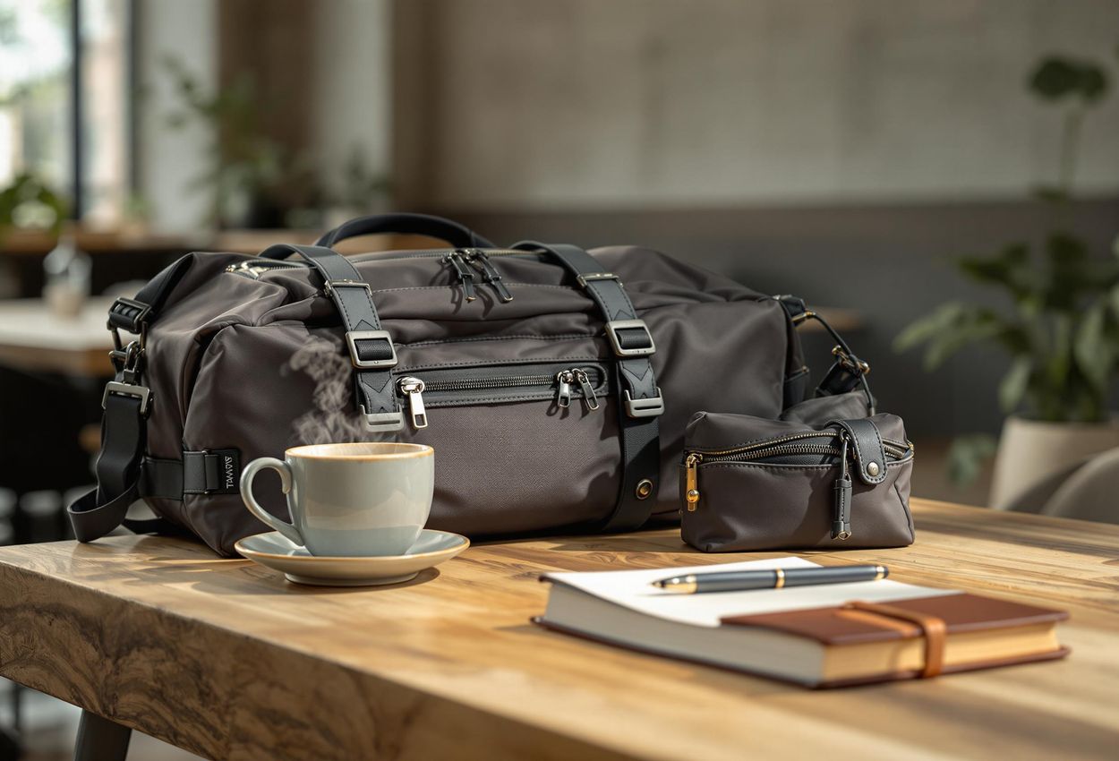 A detailed close-up shot of a Travelon Safety Bag in a cafe setting, emphasizing its anti-theft features and quality craftsmanship.