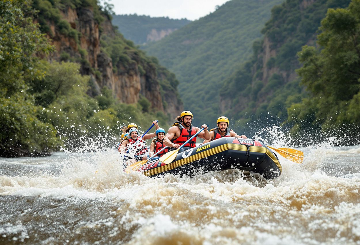 A dynamic photograph capturing the thrill and teamwork of white water rafting on the Zambezi River, showcasing the power of the rapids and the beauty of the surrounding gorge.