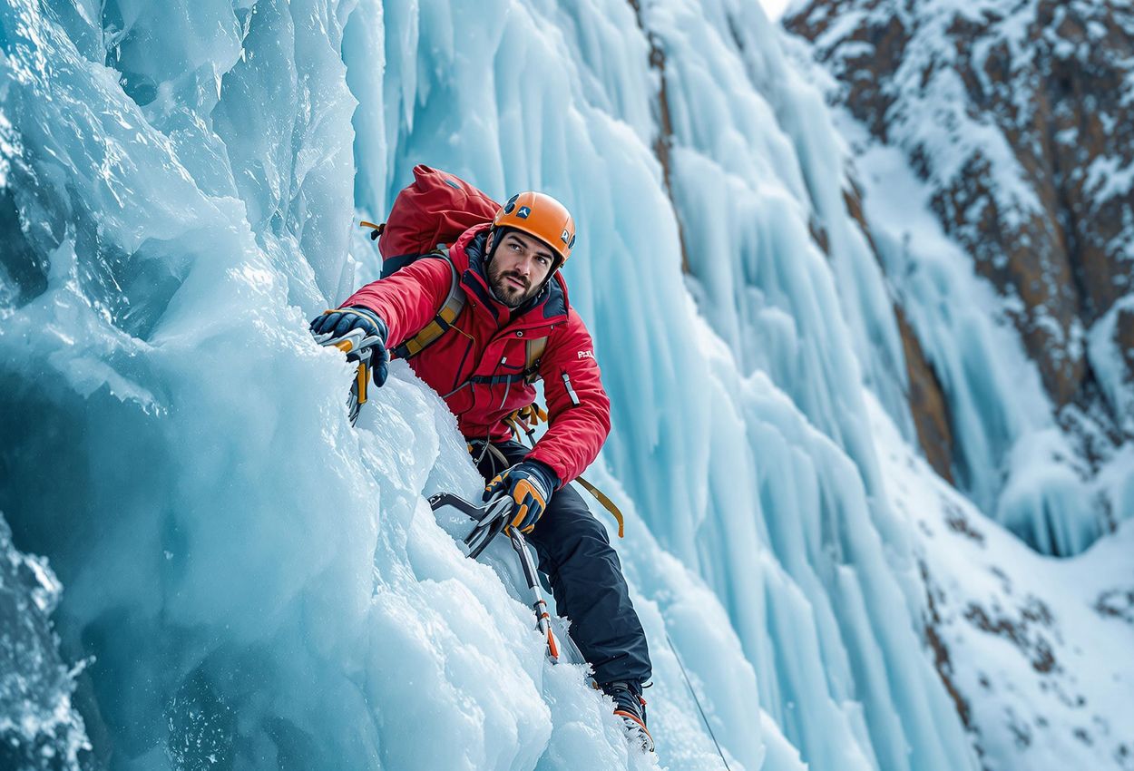 A close-up photograph of an ice climber scaling a frozen waterfall in Ouray, Colorado. The image captures the intense beauty and challenge of ice climbing in the Uncompahgre Gorge.