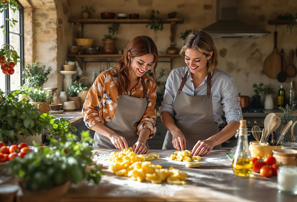 A group of women participates in a hands-on cooking class in a rustic Tuscan kitchen, preparing a traditional Italian meal with laughter and connection.