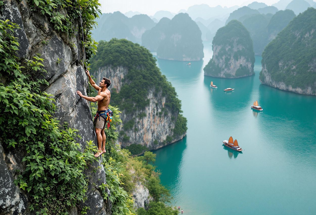 A captivating photograph of a deep water solo climber ascending a limestone karst in Ha Long Bay, Vietnam, showcasing the beauty and challenge of this adventure sport.