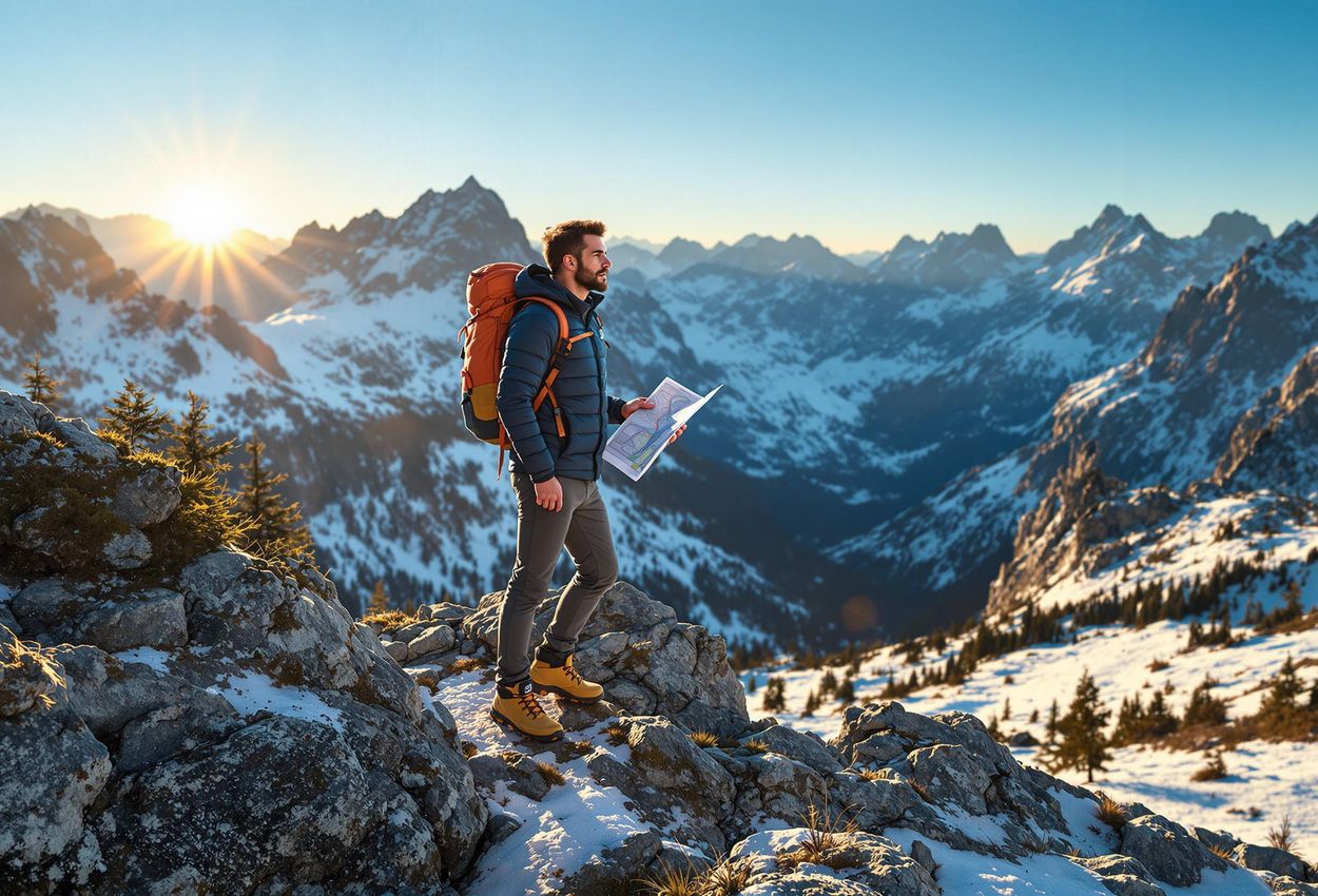 A photograph of a lone hiker standing on a rocky outcrop in the Swiss Alps at sunrise, using a map and compass to navigate the vast mountainous landscape.