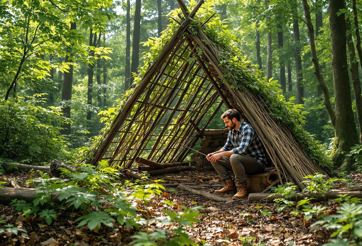 A photograph depicts a person constructing a lean-to shelter using natural materials in a vibrant forest, showcasing survival skills and resourcefulness.