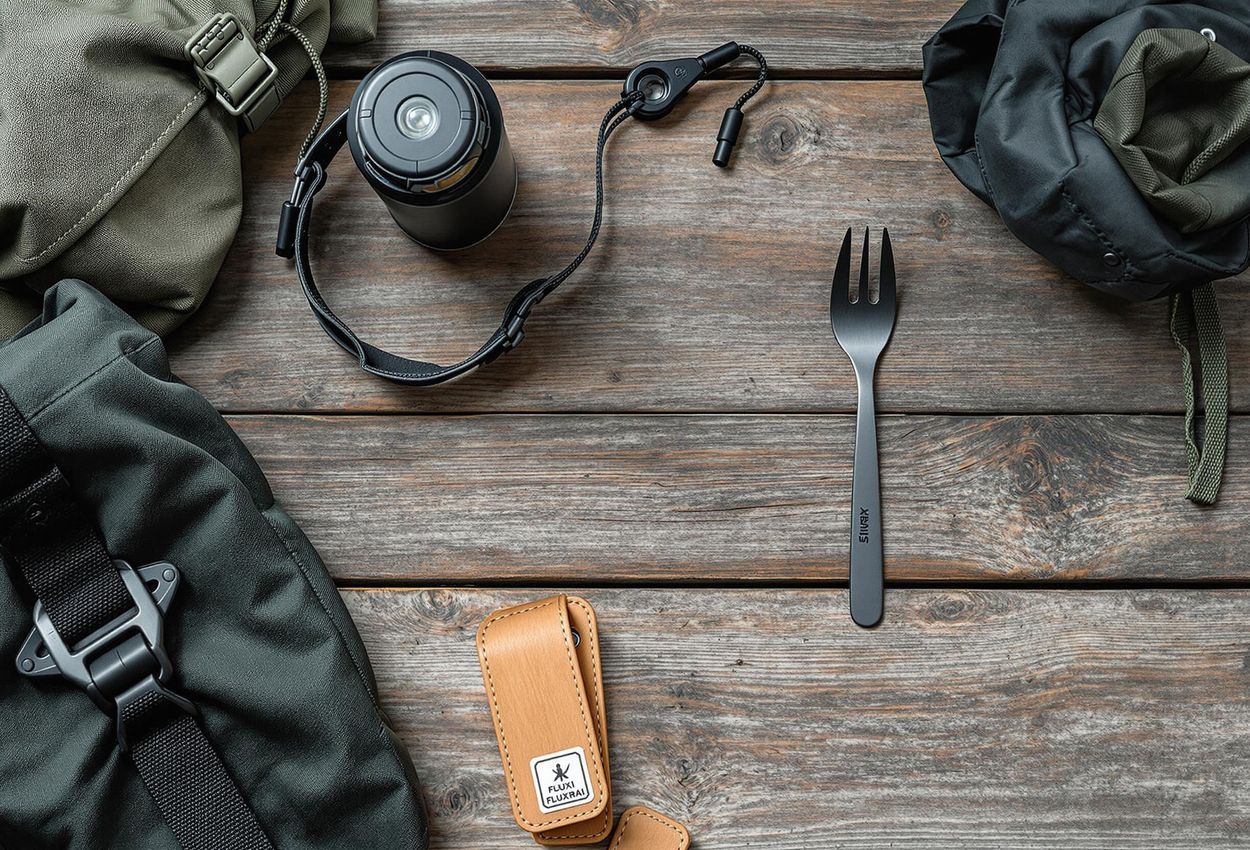 A close-up photo showcasing multi-functional travel gear, including a headlamp/lantern, water bottle with filter, spork, and stuff sack, arranged on a rustic wooden table.