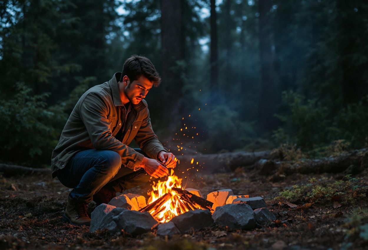 A photograph depicts a person kneeling by a small campfire in a forest at dusk, carefully adding kindling to the flames. The fire provides warmth and light, and the surrounding trees are silhouetted against the evening sky.