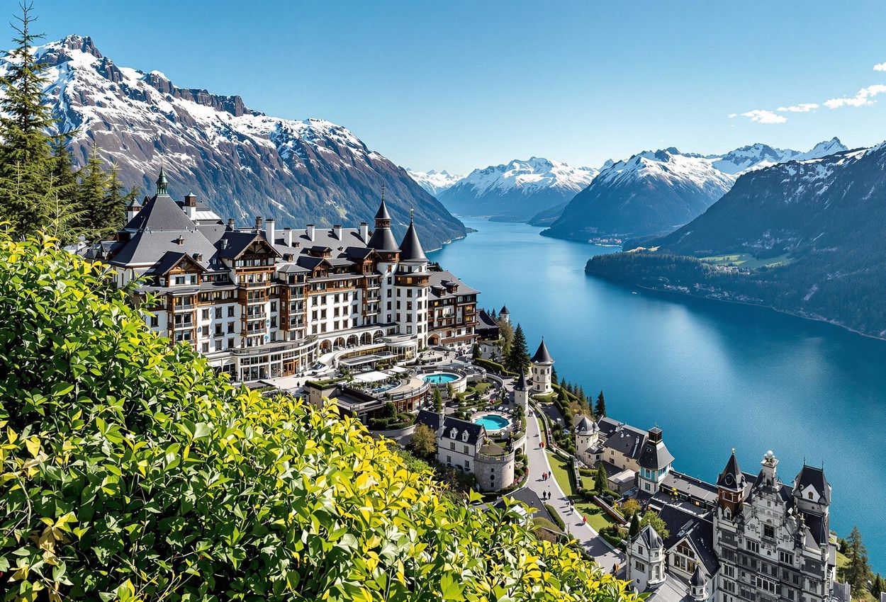 Bürgenstock Resort Overlooking Lake Lucerne, Switzerland A wide-angle photograph of the Bürgenstock Resort in Switzerland, perched high above Lake Lucerne. The image captures the resort