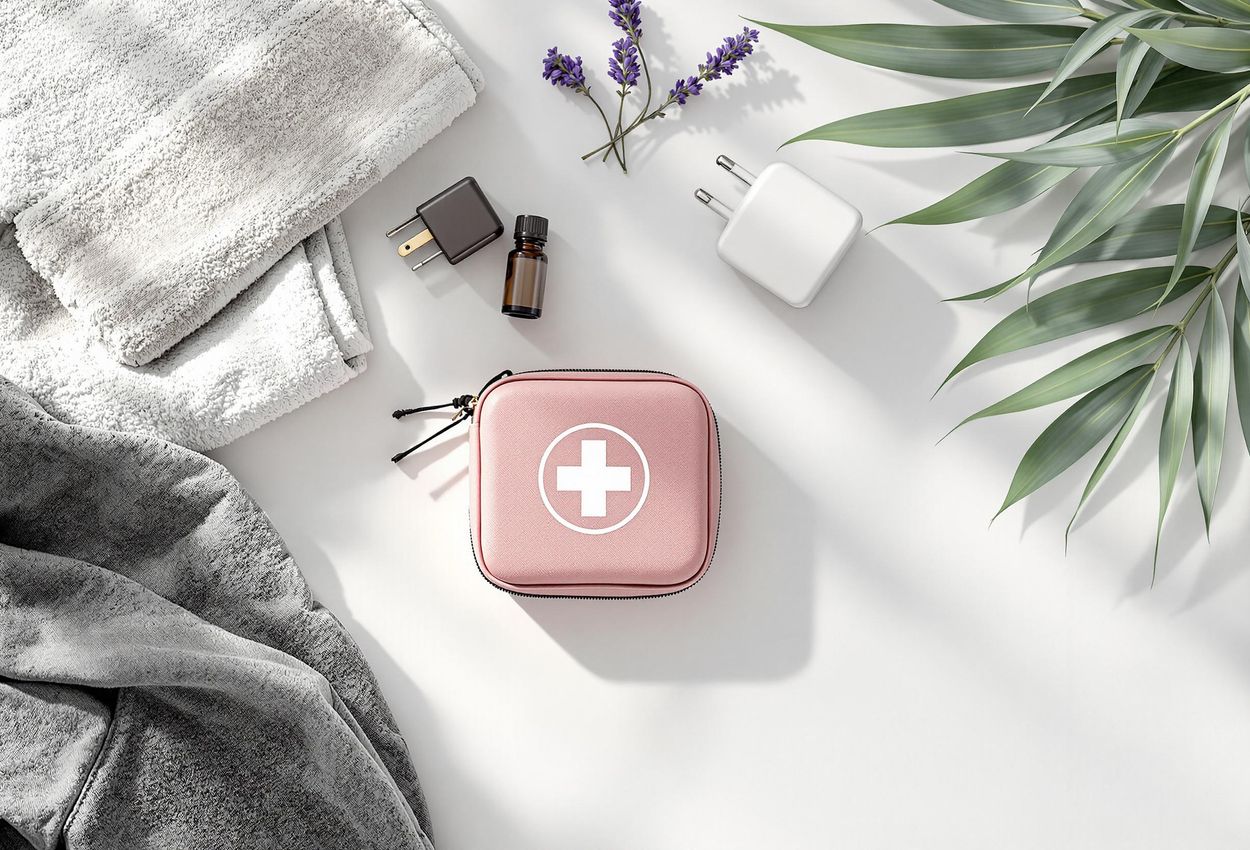 A top-down photograph of travel essentials including a first-aid kit, travel towel, portable charger, universal adapter, and essential oil, arranged on a clean white surface.