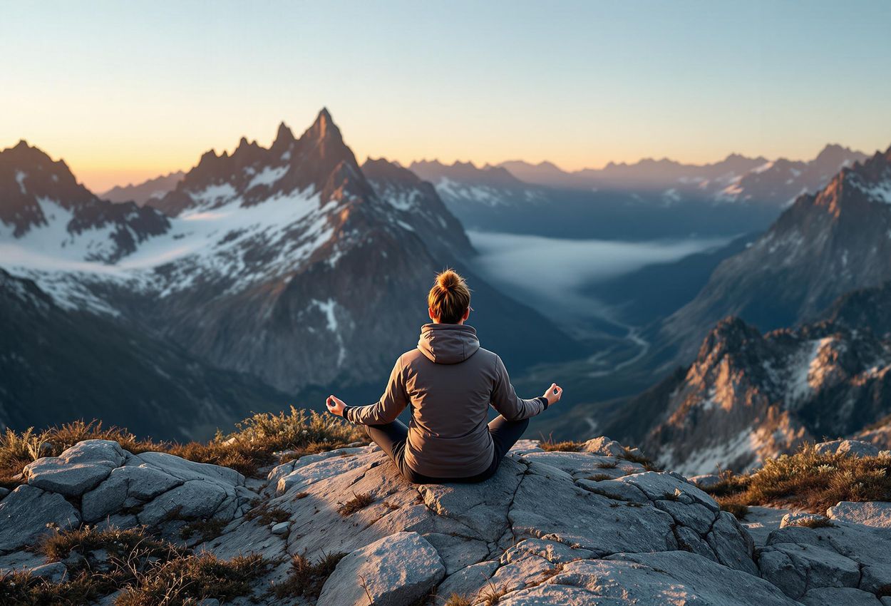 A serene photograph capturing a person meditating on a mountaintop at sunrise, showcasing the beauty of nature and the importance of mental well-being.