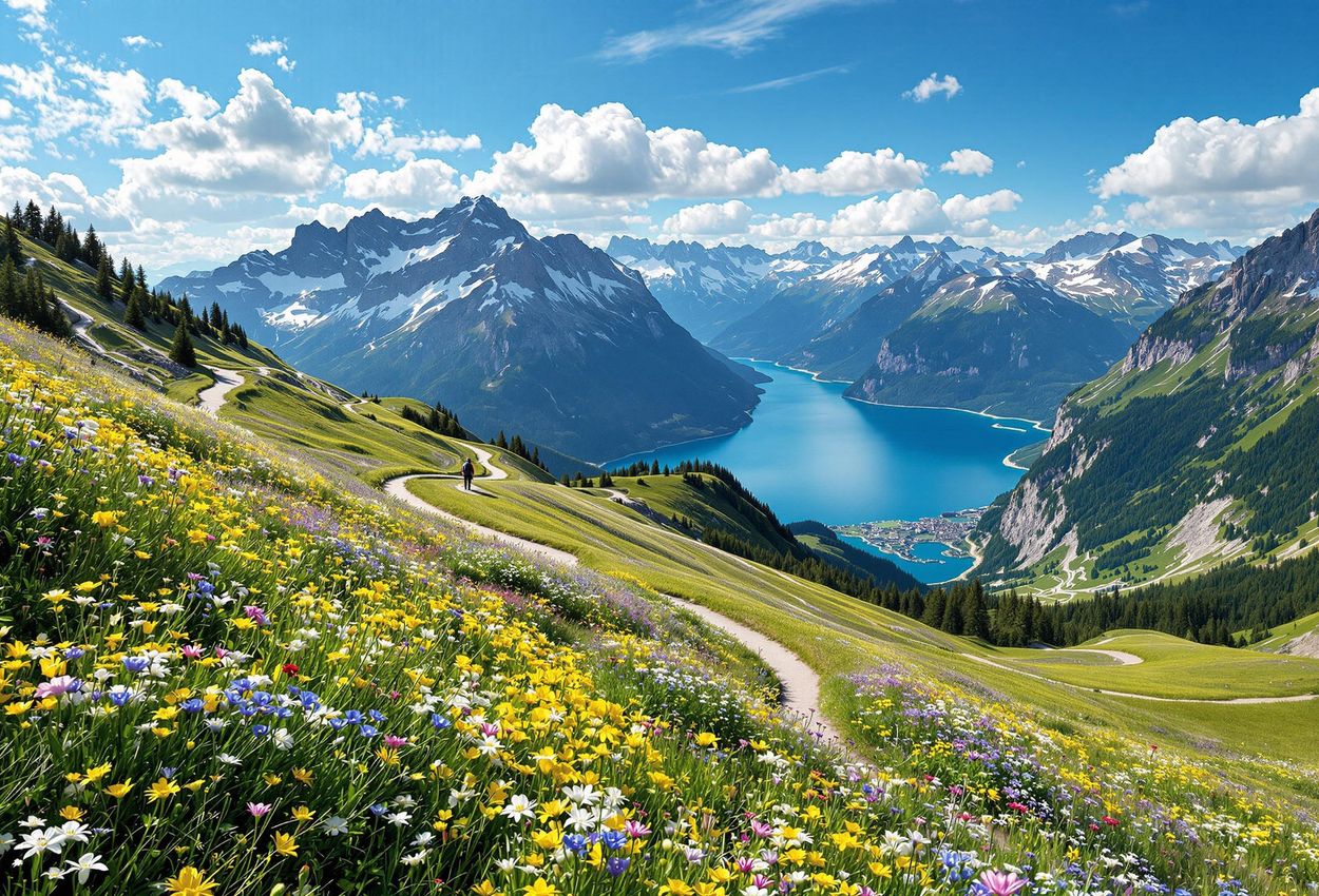 Scenic Hiking Trail View near Bürgenstock Resort, Lake Lucerne A stunning landscape photograph capturing a hiking trail near Bürgenstock Resort with views of Lake Lucerne and the Swiss Alps, showcasing a vibrant alpine meadow in early spring.