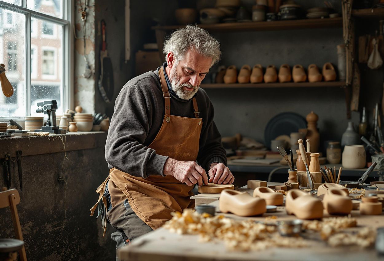 A photograph capturing a local artisan in Amsterdam diligently crafting traditional wooden shoes in their workshop. The image showcases the artisan