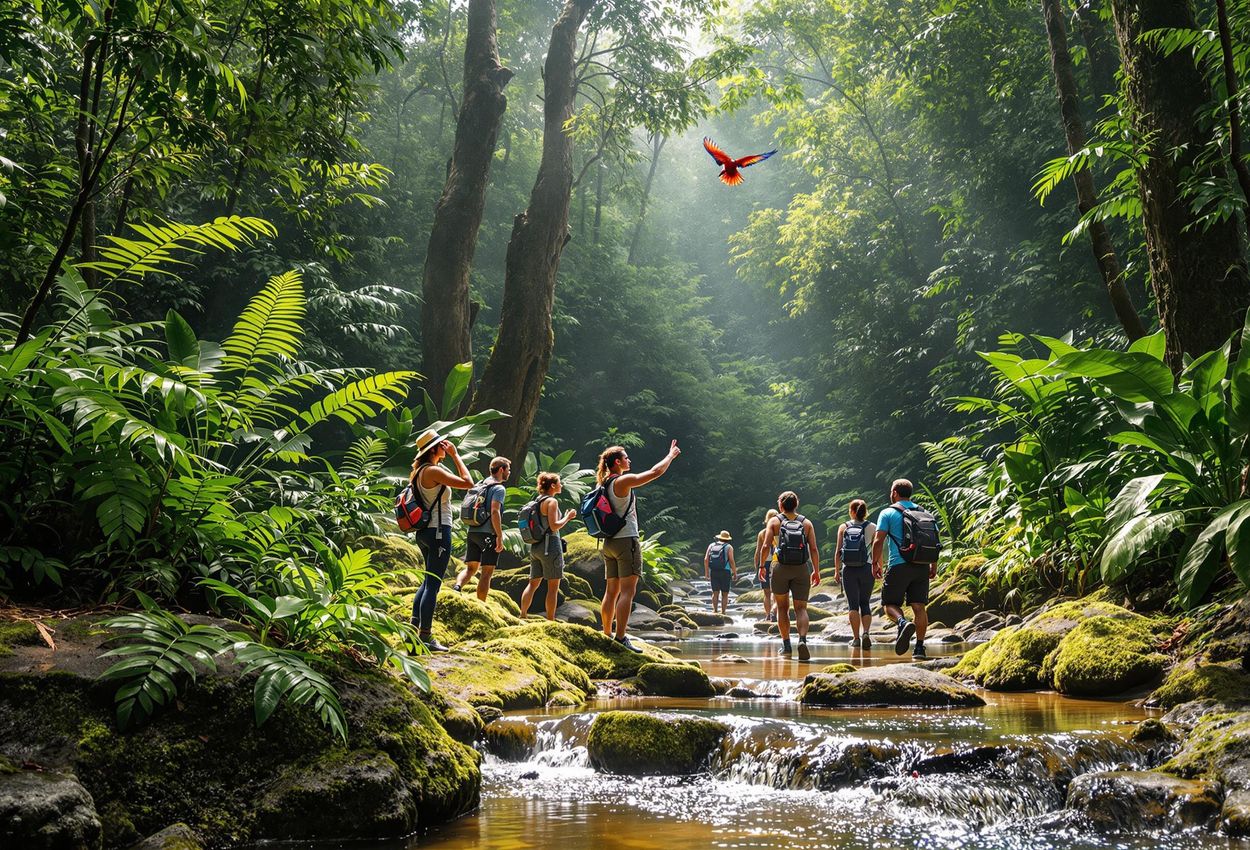 A wide shot captures a guided rainforest hike at Explorer