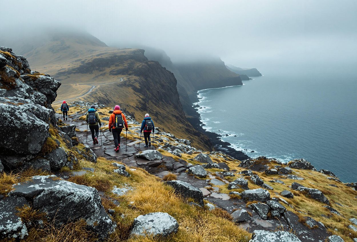 A medium shot of hikers on a trail in the Faroe Islands, with stunning views of the coastline and Atlantic Ocean under a cloudy sky.