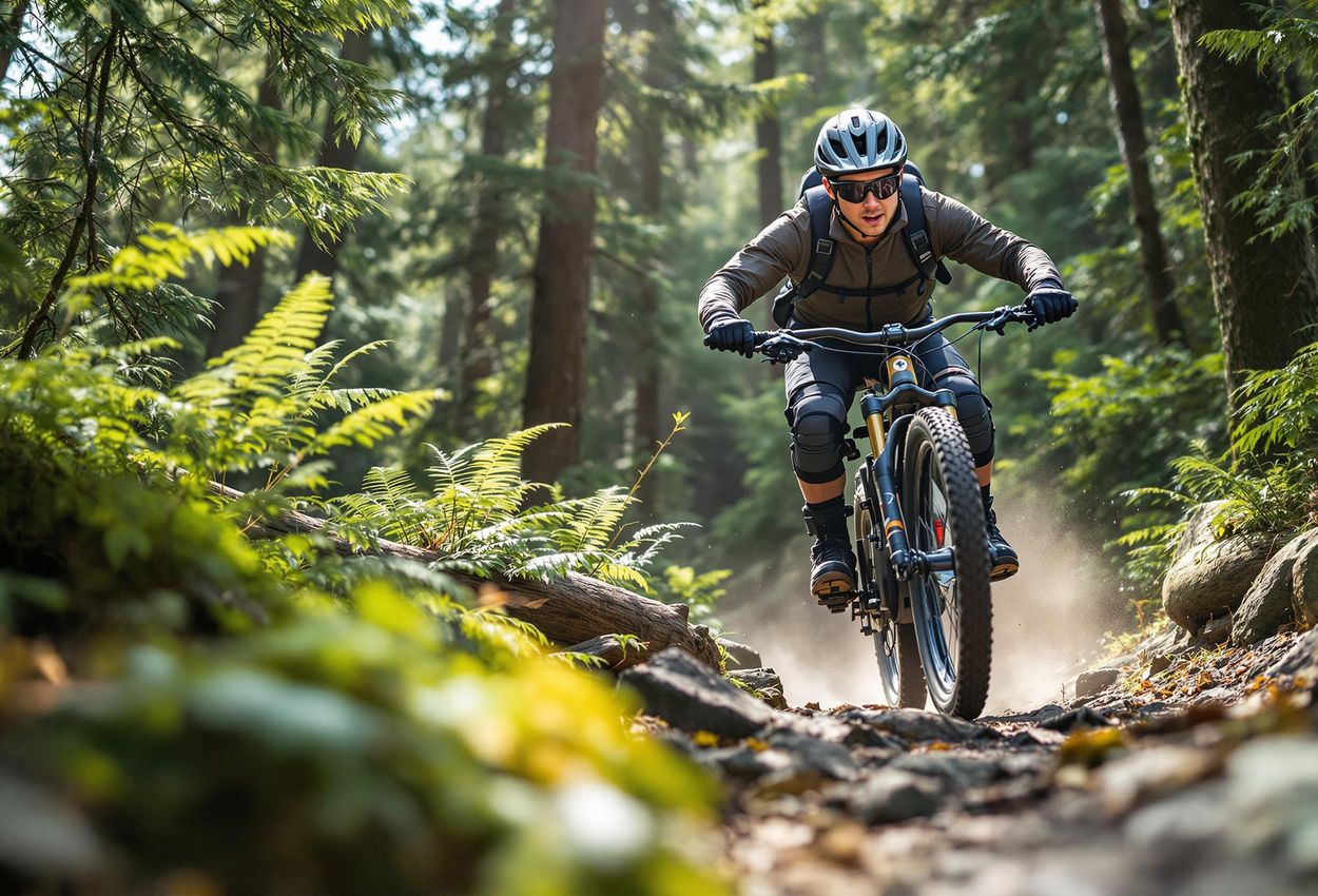 A low-angle shot of a person riding an adaptive mountain bike on a rocky trail through a lush forest, showcasing accessible adventure travel.