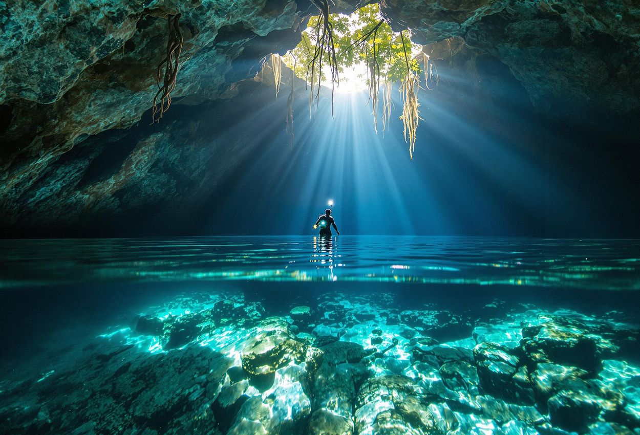 An awe-inspiring photograph capturing a lone diver exploring the crystal-clear waters of a cenote in Mexico