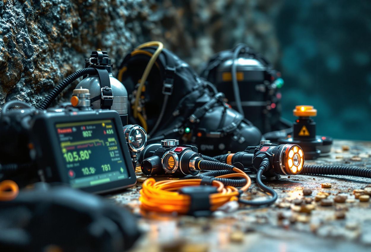A detailed photograph of cave diving equipment, including sidemount cylinders, regulators, dive lights, and guideline reels, arranged on a dive platform for safe cave exploration.