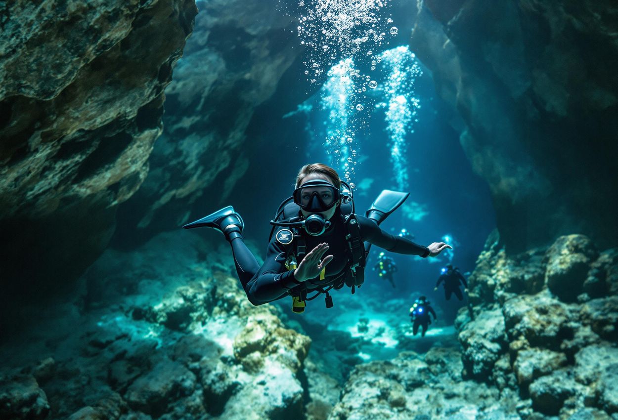 An action shot of a cave diving instructor demonstrating buoyancy control in a pristine underwater cave. Clear visibility highlights the beauty and importance of responsible diving practices.