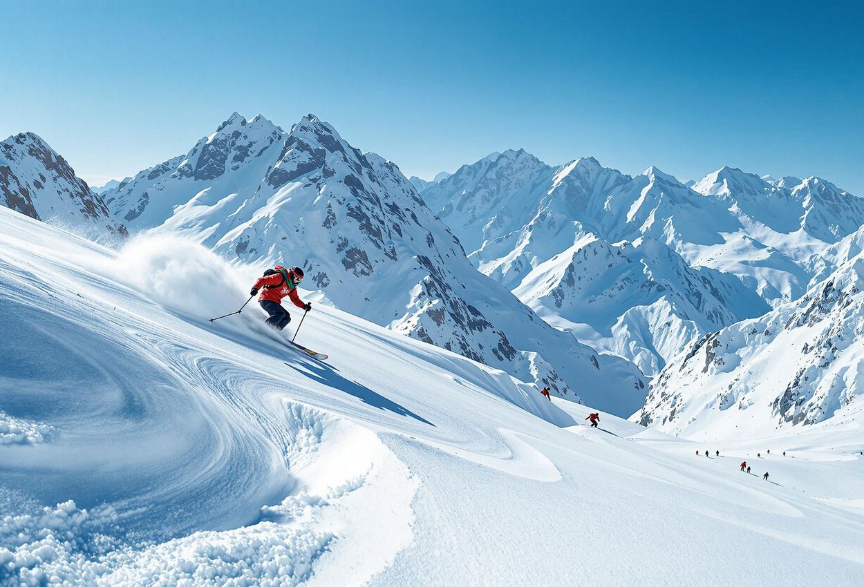 A captivating telephoto image of Afghan skiers in traditional clothing gracefully navigating a snow-covered mountain range, showcasing their skill and the stark beauty of the Afghan landscape.