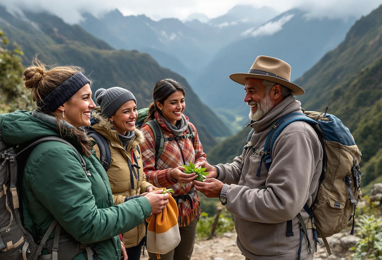 Hikers Sharing Coca Leaves on Inca Trail, Peru A photograph capturing a cultural exchange between hikers and a local guide sharing coca leaves on the Inca Trail, with stunning mountain scenery in the background.