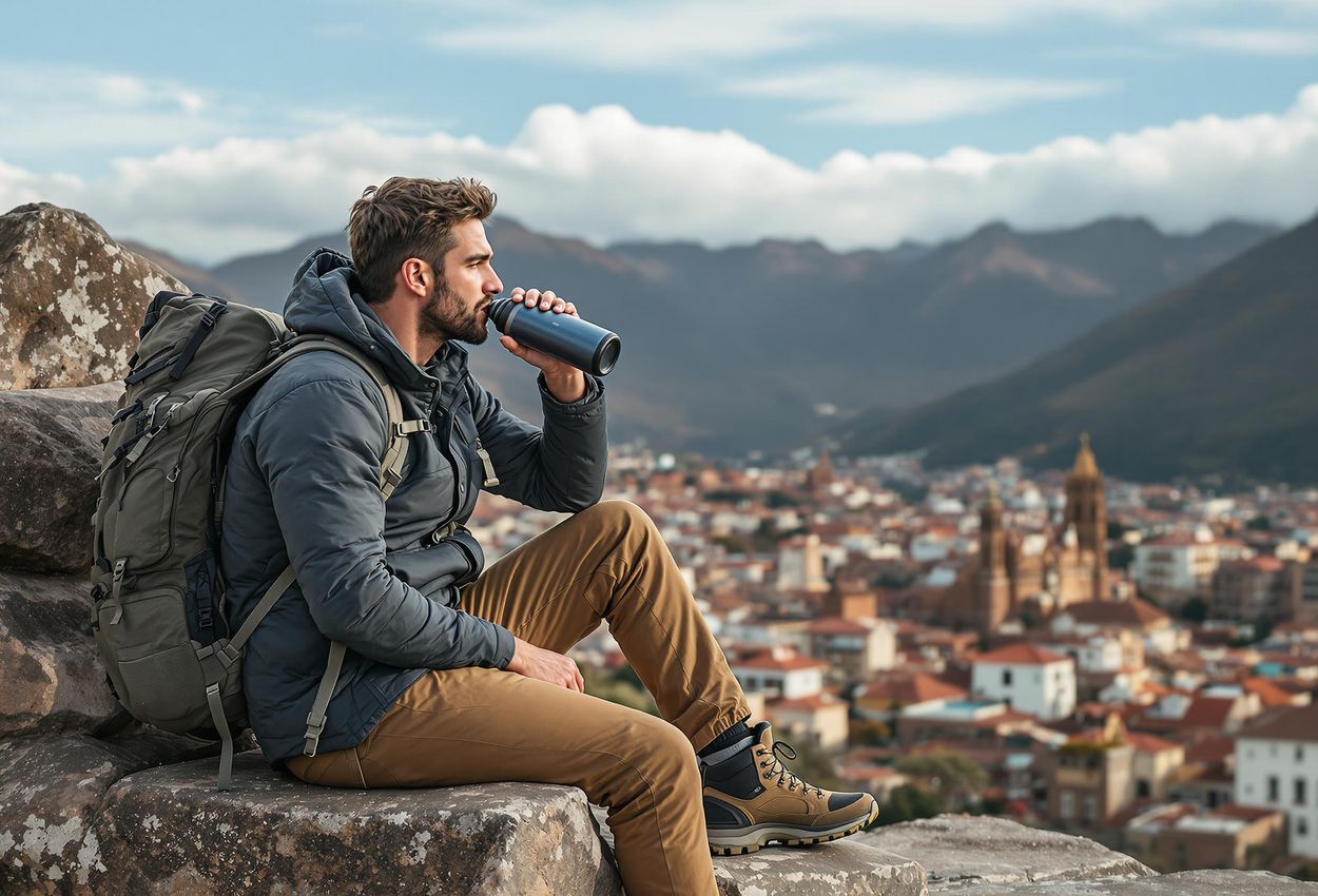 Hiker Acclimatizing in Cusco: A Relaxing Break with a View A photograph of a hiker taking a break and drinking water while acclimatizing in Cusco, Peru. The scene captures the importance of rest and hydration at high altitude, with Cusco