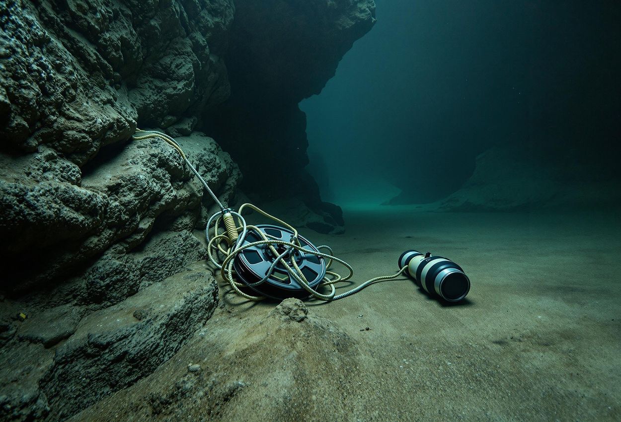 An underwater photograph depicting a cave diving accident scene with a tangled guideline reel and discarded dive light in murky, silt-filled water. Evokes the dangers and challenges of cave diving.