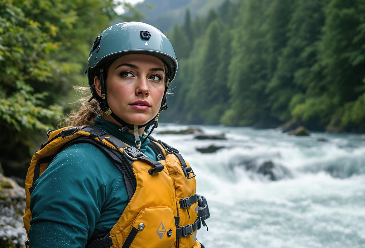 A stunning portrait of extreme kayaker Nouria Newman beside a powerful river, capturing her strength and connection to nature. The image features dramatic lighting and lush forest scenery.