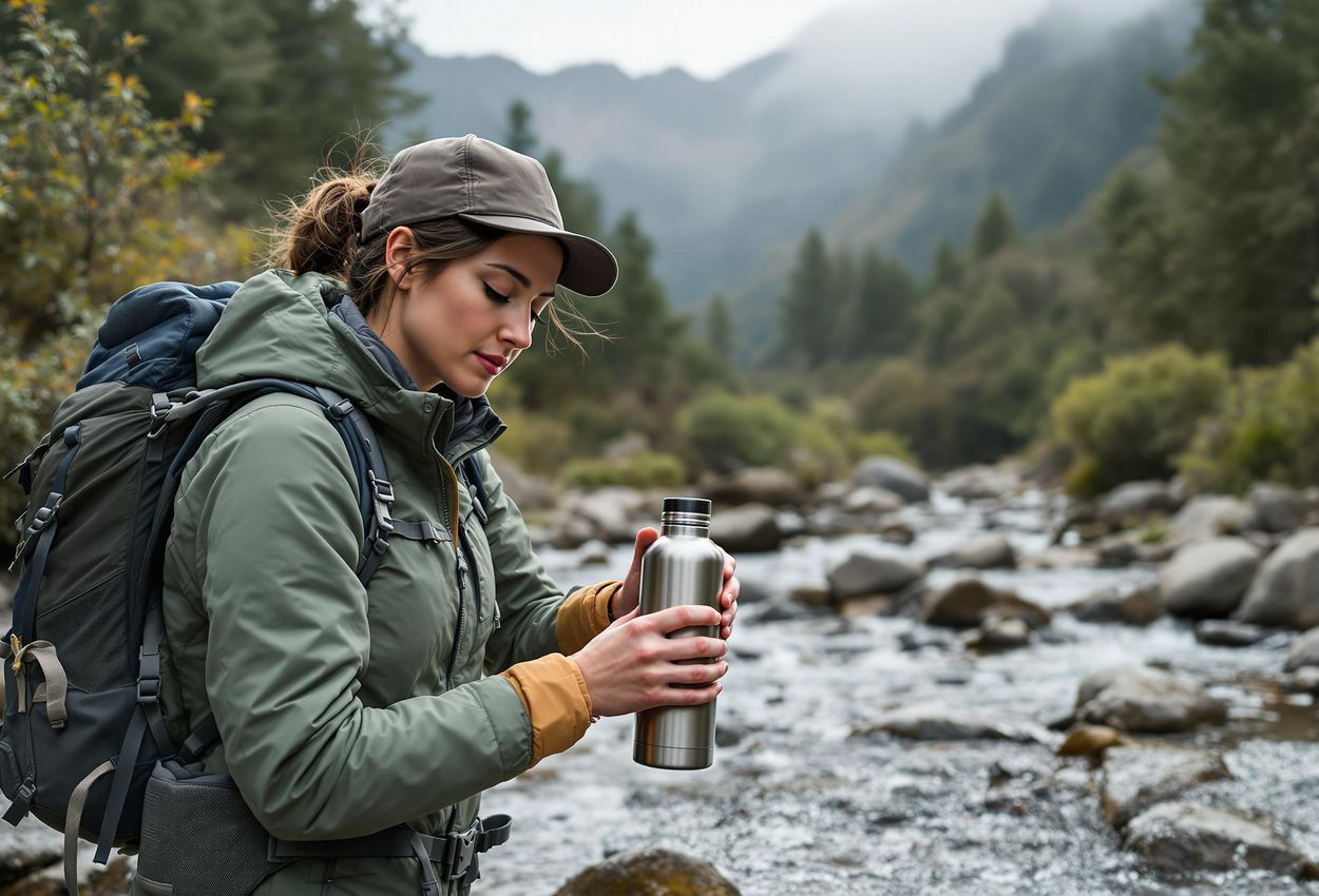 Responsible Hiker Refilling Water Bottle on Inca Trail A hiker responsibly refills their water bottle on the Inca Trail, showcasing sustainable travel practices amidst the stunning Andean scenery.