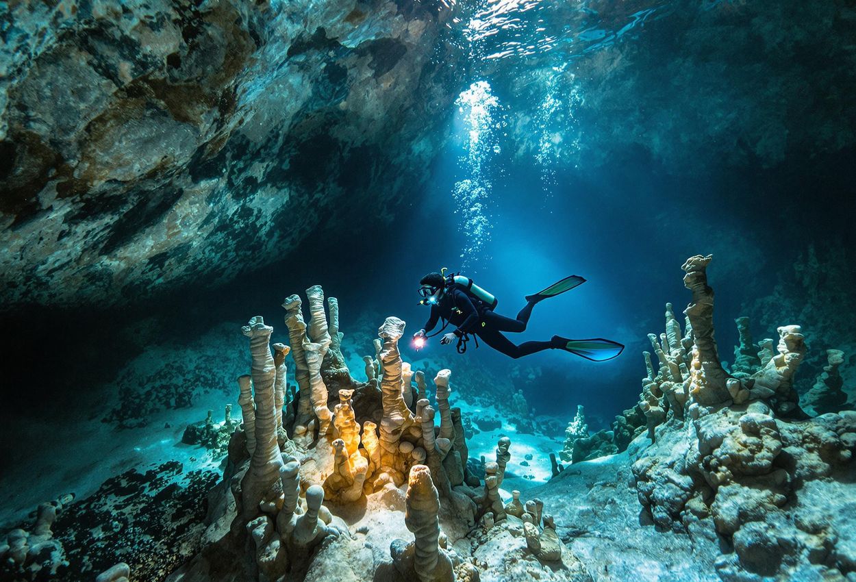 A serene photograph of a cave diver exploring a crystal-clear underwater cave system in the Riviera Maya, Mexico. The diver is neutrally buoyant and avoids contact with the delicate cave formations, emphasizing responsible cave exploration.