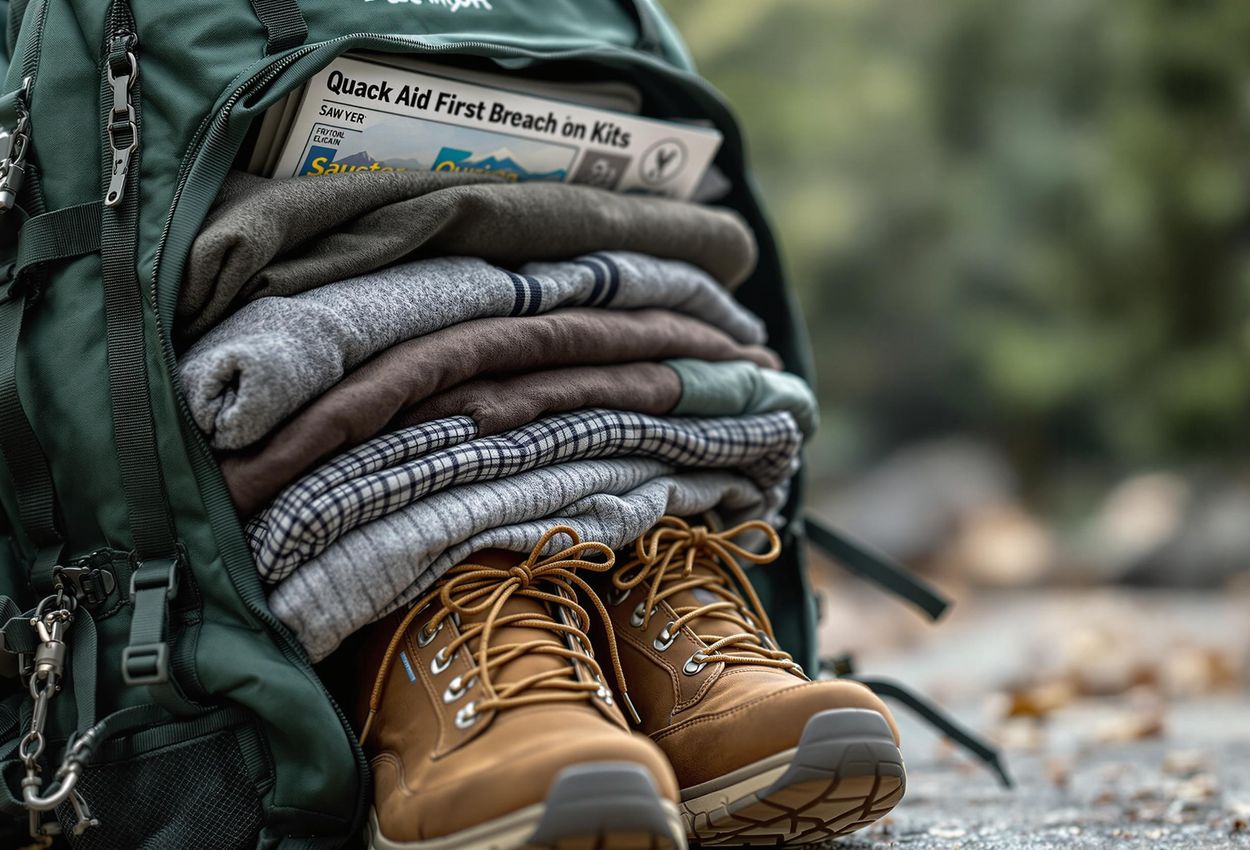 Inca Trail Packing Essentials: A Detailed Gear Guide A close-up photograph of a well-organized backpack containing essential gear for the Inca Trail, including hiking boots, layered clothing, and a first-aid kit. The image highlights the importance of proper packing for a successful trek.
