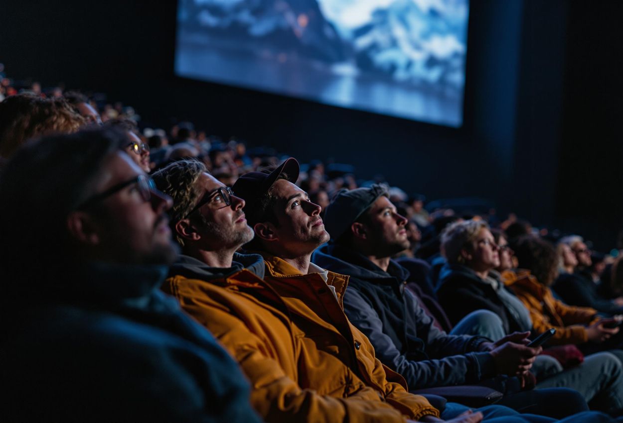 A photograph capturing the diverse audience of the Banff Mountain Film Festival engrossed in a film screening, showcasing the shared experience and power of storytelling.