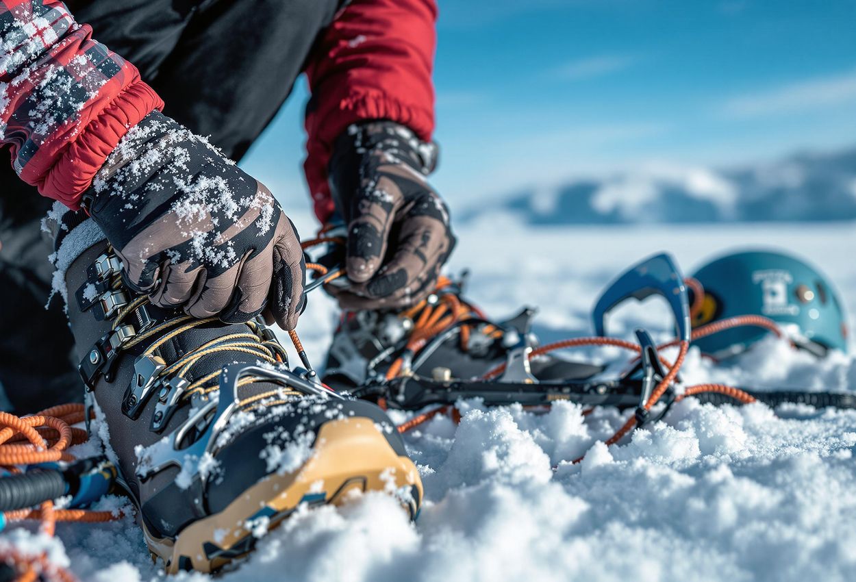 A close-up photograph of a climber preparing their ice climbing gear at a base camp in Abisko, Swedish Lapland, featuring detailed equipment and a stunning Arctic landscape.