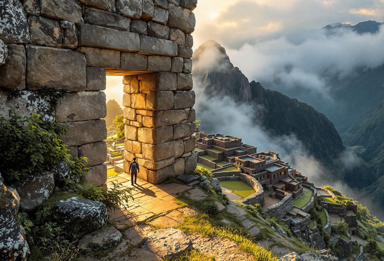 Machu Picchu at Sunrise through the Sun Gate, Peru A breathtaking photograph of Machu Picchu at dawn, framed by the Sun Gate, capturing the mystical beauty of the lost Inca city.