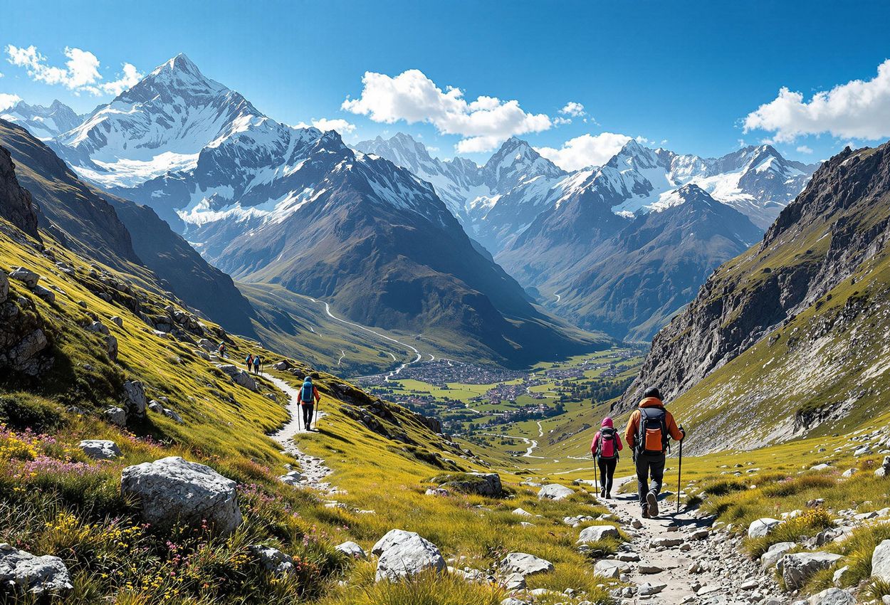 Panoramic Salkantay Trek, Peruvian Andes - Awe-Inspiring Mountain Scenery A stunning panoramic photograph of the Salkantay Trek, showcasing the breathtaking mountain scenery and diverse landscapes of the Peruvian Andes. A winding trail leads hikers towards snow-capped peaks under a clear blue sky.