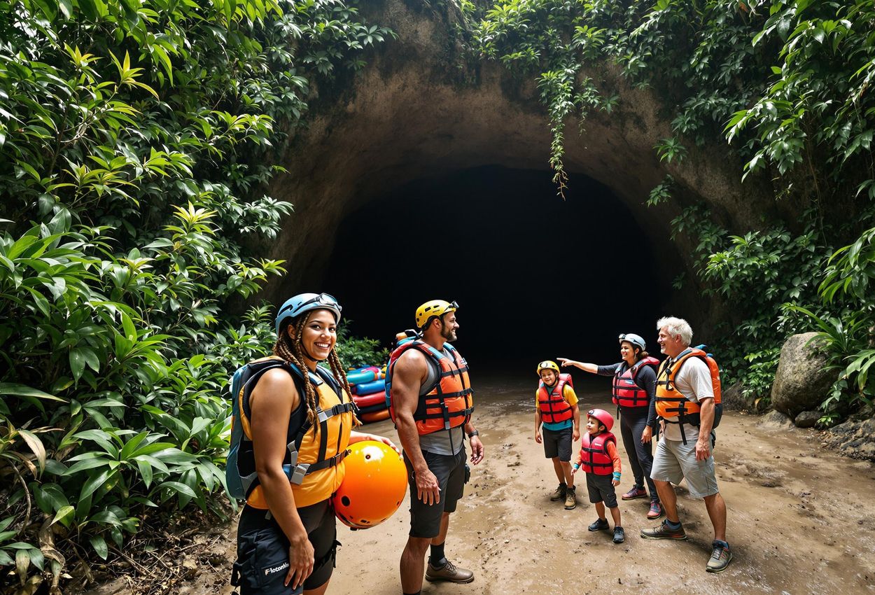 A group of adventurers prepares for a cave tubing adventure at the Nohoch Che