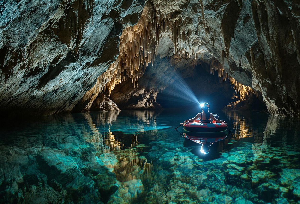 A captivating photograph of a cave tuber navigating a stunning cave system in Belize, showcasing the beauty and adventure of underground exploration.