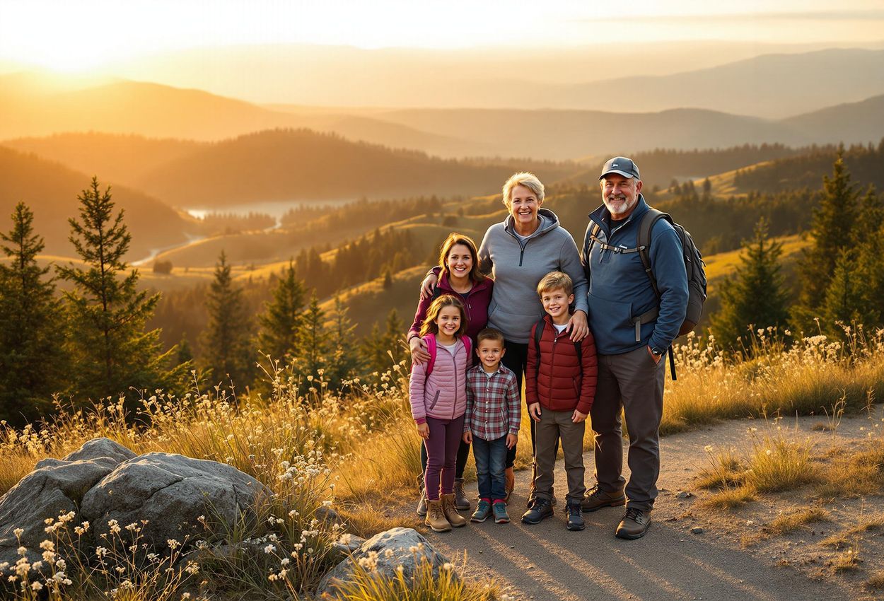A family of six, spanning three generations, shares a joyful moment on a scenic overlook at sunset, captured during a memorable hiking trip.