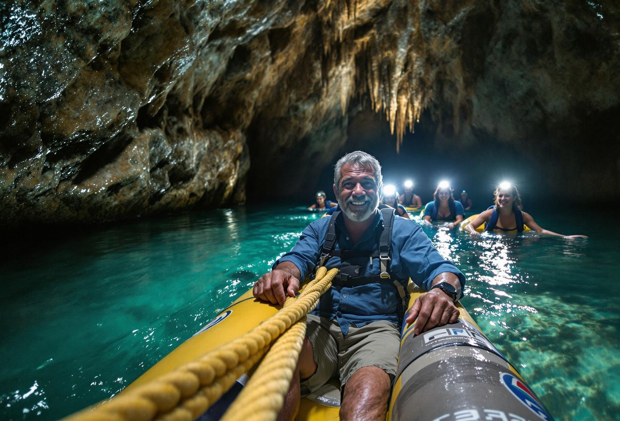 A medium shot depicts a Belizean guide expertly leading tourists through a stunning cave system. The image captures the adventure and beauty of cave tubing in Belize.