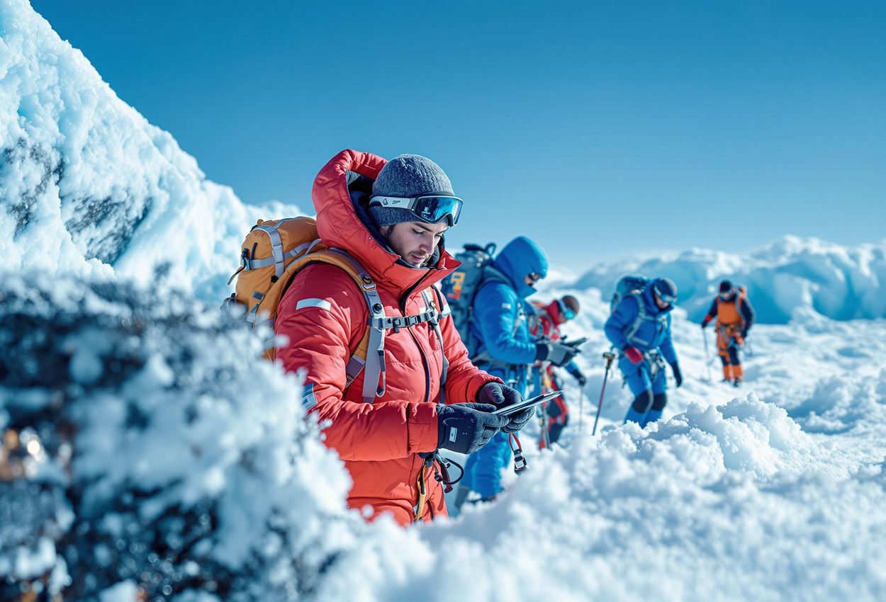 A photograph of ice climbers collecting data on glacier health in Union Glacier, Antarctica. The image showcases the importance of environmental responsibility in Arctic ice climbing and the involvement of climbers in conservation efforts.